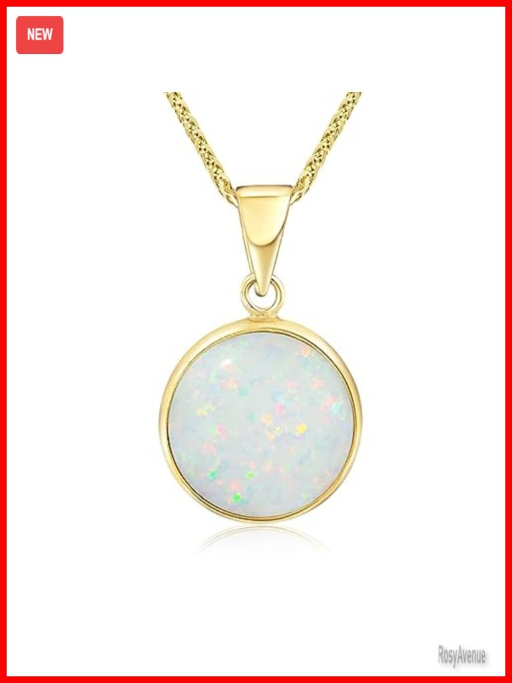 Solid 14K Yellow Gold White Opal Pendant Necklace October Birthstone